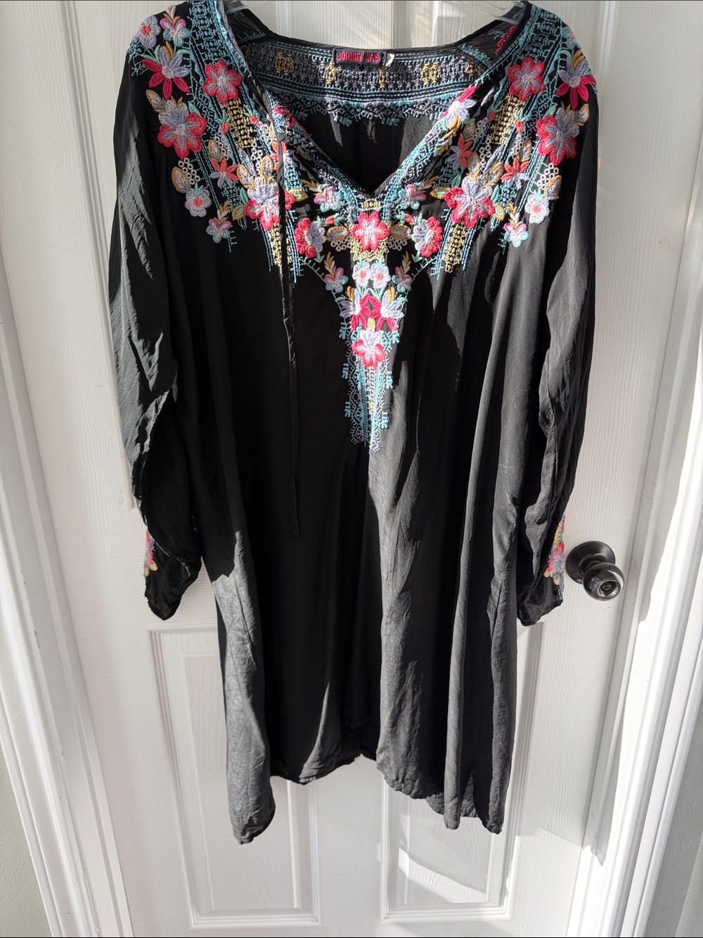 Johnny Was Black Tunic with Pink & Turquoise Floral Embroidery